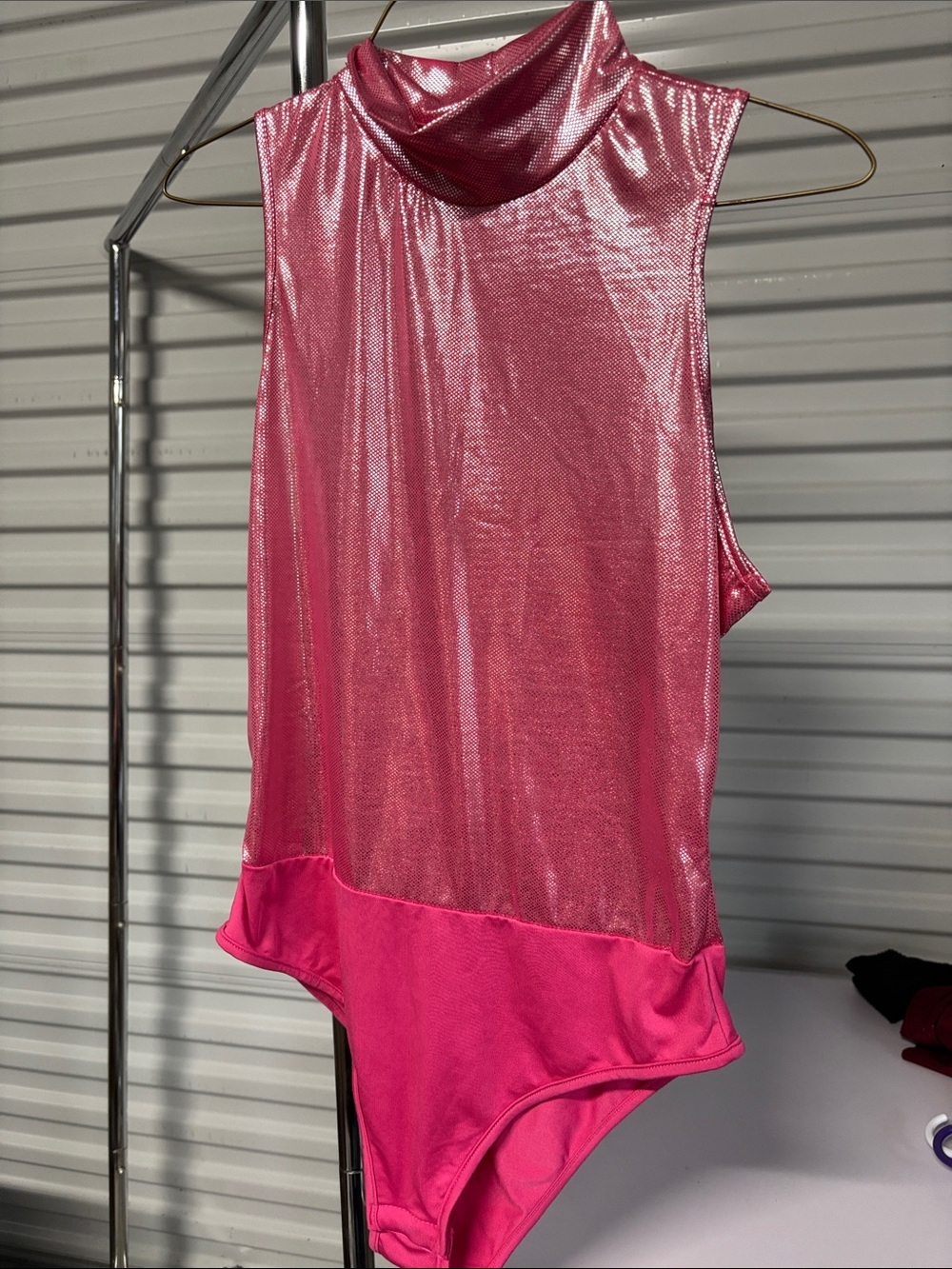 Pink Metallic Sleeveless Turtleneck Bodysuit